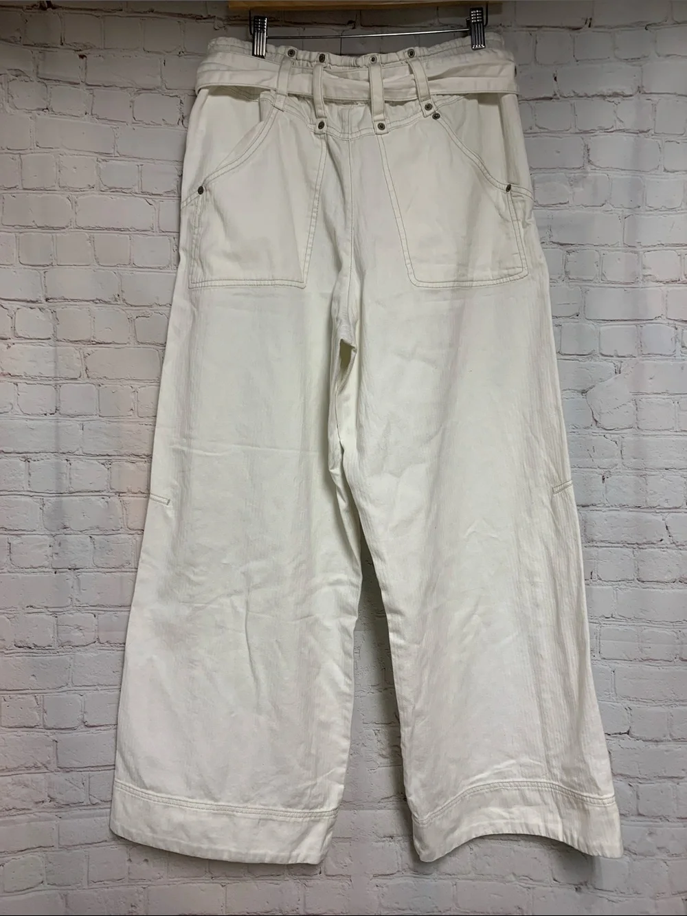 Free People White Cotton Sloane Wide Leg Belted Denim Pants Size L - Picture 8 of 8